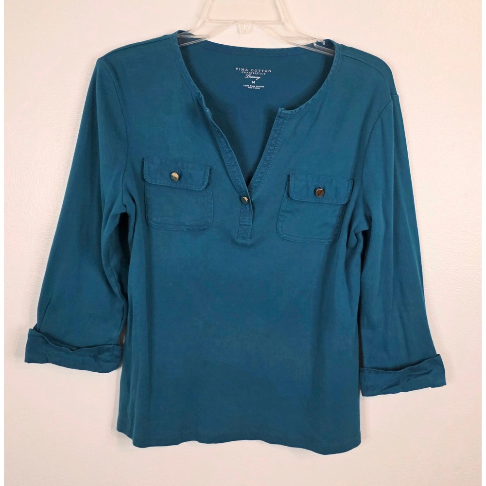 Charter Club Luxury Pima Cotton Teal Blue 3/4 Sleeve Pocket Top Medium
